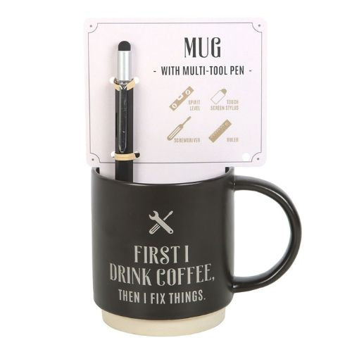 First I Drink Coffee Ceramic Mug with Metal Multi-Tool
