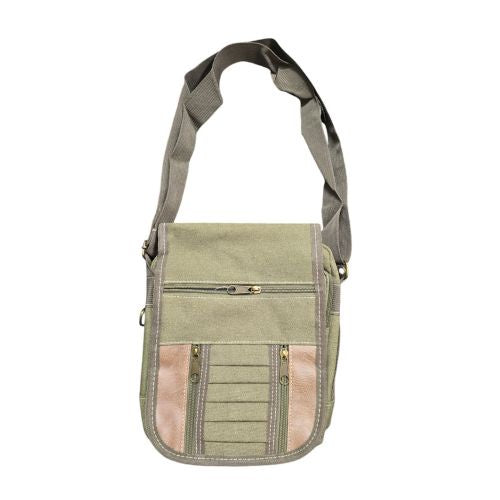 Canvas & Leather Shoulder Bag - Khaki