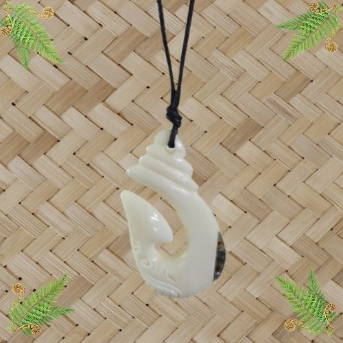 Bone Hook Engraved Pendant with Paua - 45mm