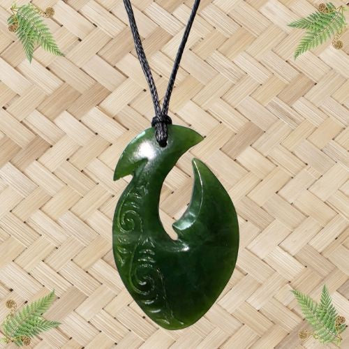 NZ Greenstone Hook Engraved Pendant - 53mm