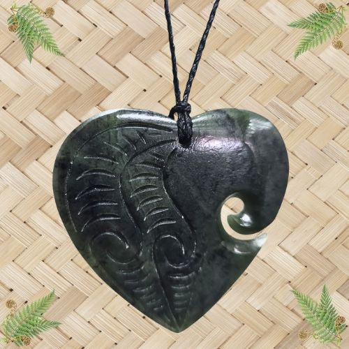 NZ Greenstone Heart Koru Engraved Pendant - 60mm
