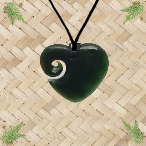 NZ Greenstone Heart Koru Pendant - 32mm