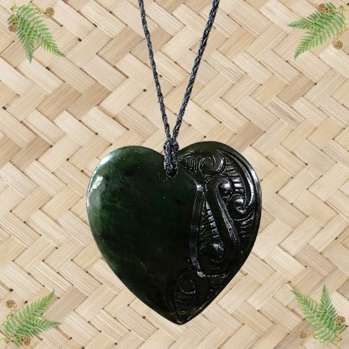 NZ Greenstone Heart Half Carved Pendant - 65mm