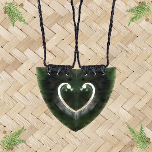 NZ Greenstone Heart Koru Pair Pendant - 70mm