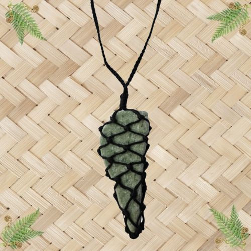 NZ Greenstone Freeform Unpolished Pendant in Net - 65mm