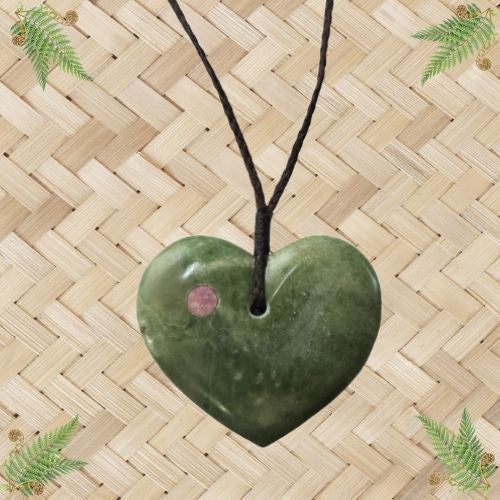 NZ Greenstone Heart with Rhodonite Pendant - 45mm