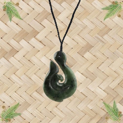 NZ Greenstone Fish Hook with Koru Pendant - 70mm