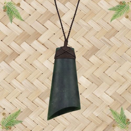 NZ Greenstone Toki Pendant with Brown Lashing - 80mm