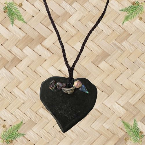 NZ Greenstone Heart with Paua Pendant - 50mm