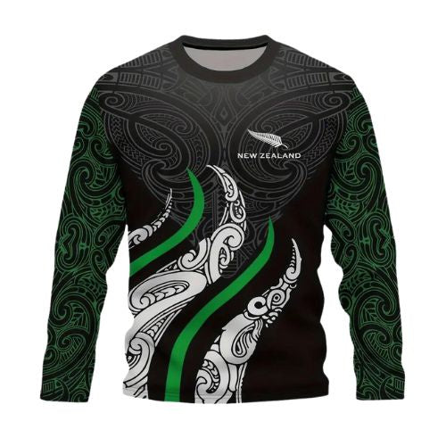 Maori Fern Print Men's Comfy Long Sleeve Crew Neck Stretch T-shirt