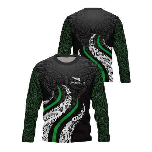 Maori Fern Print Men's Comfy Long Sleeve Crew Neck Stretch T-shirt