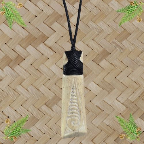 Whale Bone Engraved Koru Pattern Toki Pendant - 75mm