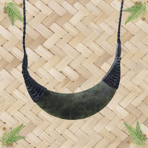 NZ Greenstone Breastplate Pendant with Black Binding - 55mm