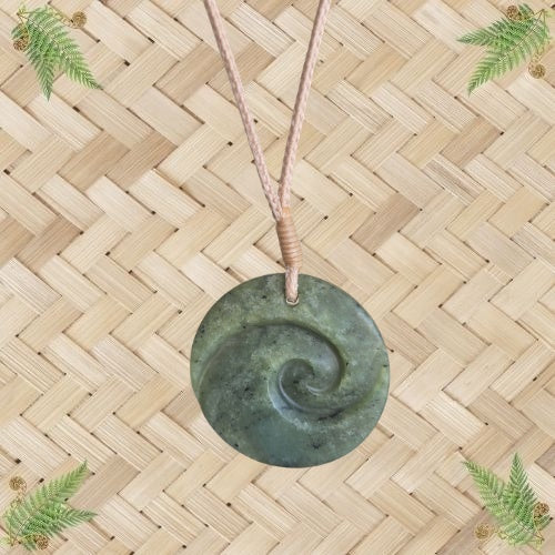 NZ Greenstone Porohita Disc Double Koru Pendant with Cream Binding - 40mm