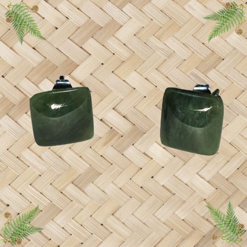 NZ Greenstone Square Stud Earrings - 10mm