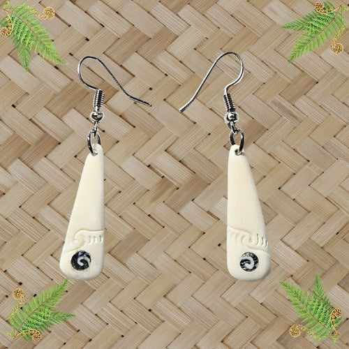 Bone Engraved Teardrop with Paua Koru Earrings - 30mm