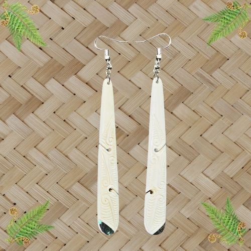 Bone Engraved Drop Double Koru with Paua Earrings - 102mm