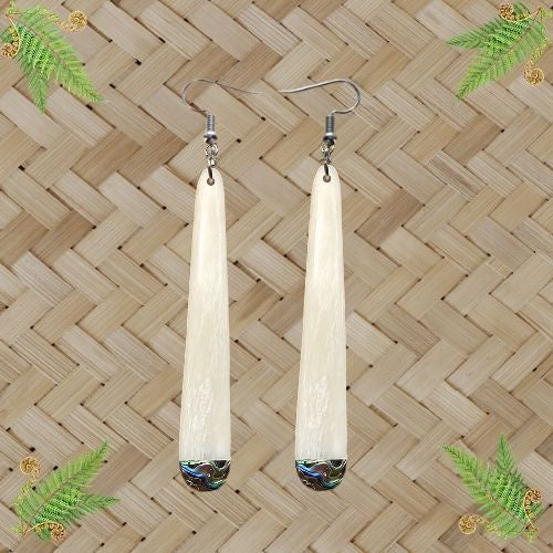 Bone Plain Drop Earrings with Paua - 80mm