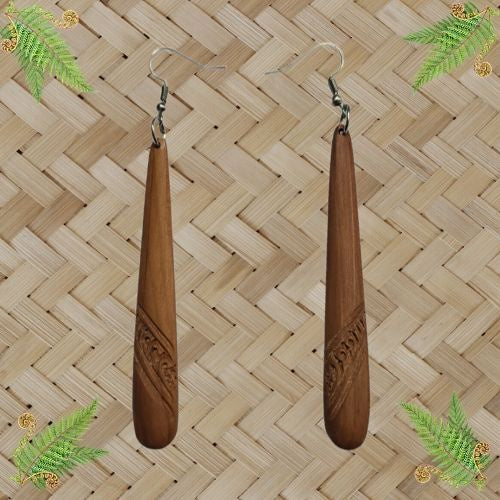 Wood Engraved Drop Earrings with Koru - 80mm