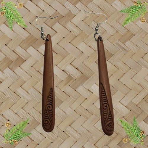 Wood Engraved Drop Earrings with Koru - 75mm