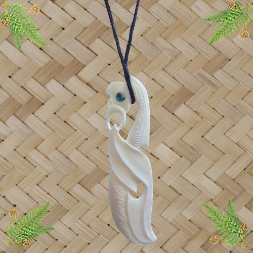 Bone Carved Manaia with Tail & Paua Pendant - 156mm