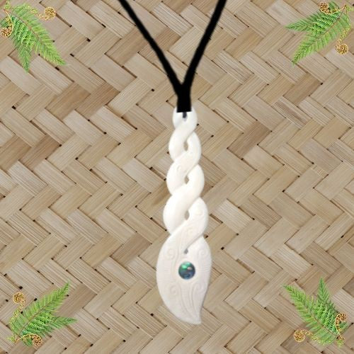 Bone Carved Triple Twist with Paua Eye Pendant - 157mm