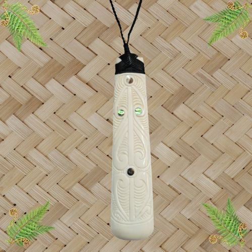 Bone Engraved Koru Pattern Toki with Paua Pendant - 143mm