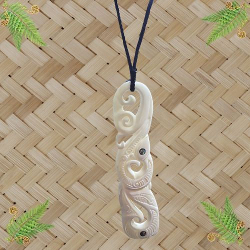 Bone Engraved Manaia with Paua Eyes Large Pendant - 156mm