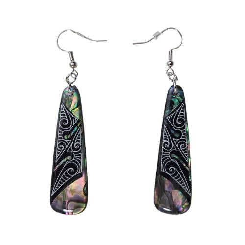 Paua Drop Earrings with Koru Tattoo Design - 50mm