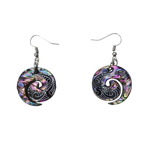Paua Koru Earrings with Tattoo Design - 25mm