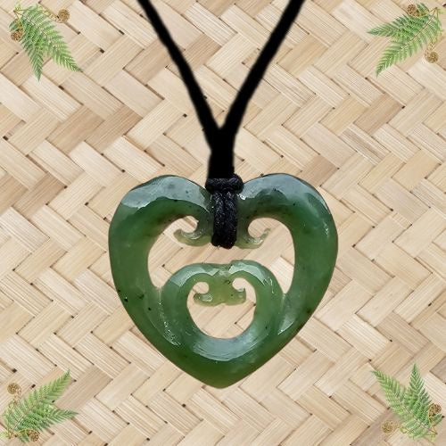 NZ Greenstone Heart with 4 Koru Pendant - 25mm