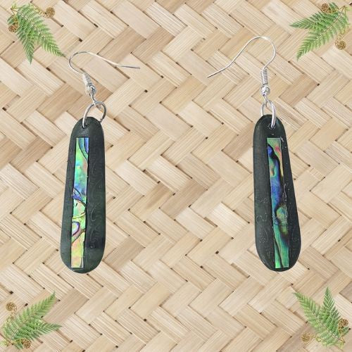 NZ Greenstone Engraved Drop Earrings with Paua - 41mm