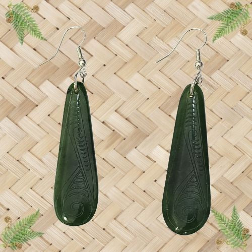 NZ Greenstone Engraved Drop Earrings - 46mm