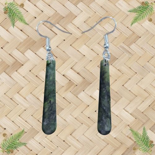 NZ Greenstone Carved Drop Earrings - 70mm