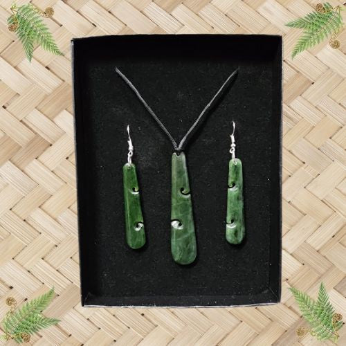 NZ Greenstone Koru Drop Pendant & Earrings Set