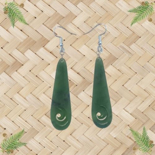 NZ Greenstone Koru Earrings - 60mm