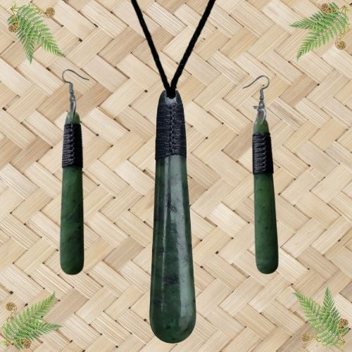 NZ Greenstone Drop Pendant & Earrings Set with Binding