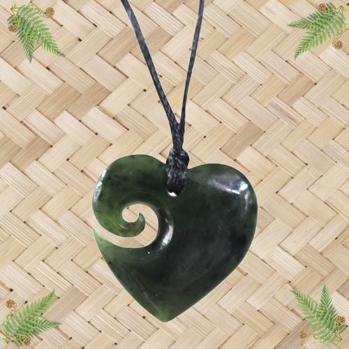 NZ Greenstone Heart Koru Pendant - 26mm