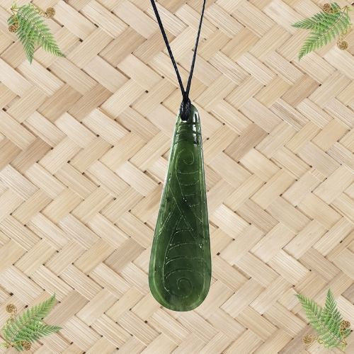 NZ Greenstone Engraved Drop Pendant - 74mm