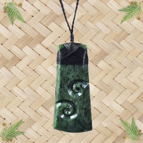 NZ Greenstone Toki with 2 Koru Pendant - 118mm