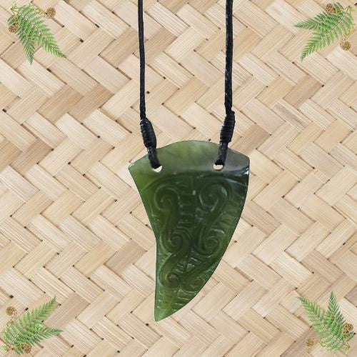 NZ Greenstone Engraved Tooth Pendant - 54mm