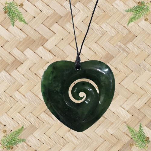 NZ Greenstone Heart Koru Pendant - 50mm