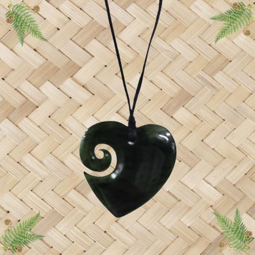 NZ Greenstone Heart Koru Pendant - 40mm