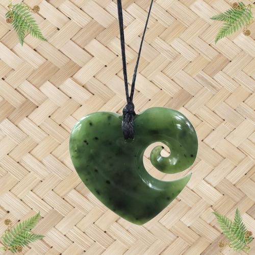 NZ Greenstone Heart Koru Pendant - 40mm