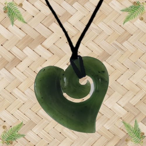 NZ Greenstone Heart Koru Pendant - 35mm.