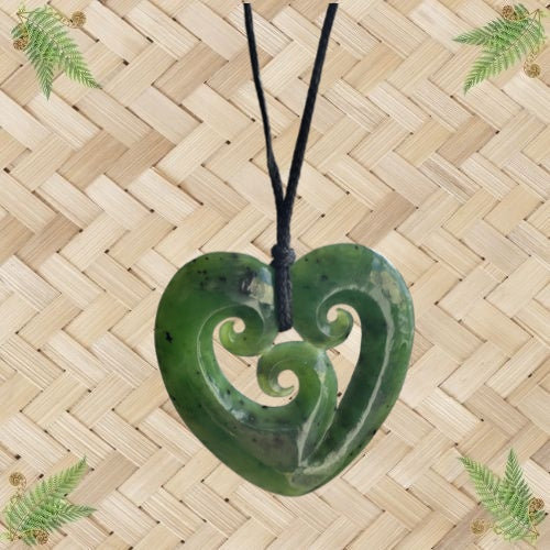 NZ Greenstone Triple Koru Heart Pendant - 50mm