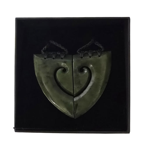 NZ Greenstone Heart Koru Pair Pendant - 65mm