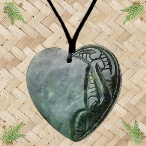 NZ Greenstone Heart Half Carved Pendant - 60mm
