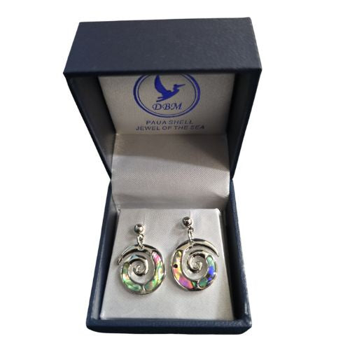 Paua & Rhodium Plated Koru Earrings -25mm