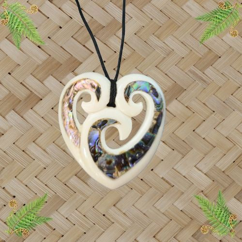 Bone Koru Heart with Paua - 40mm